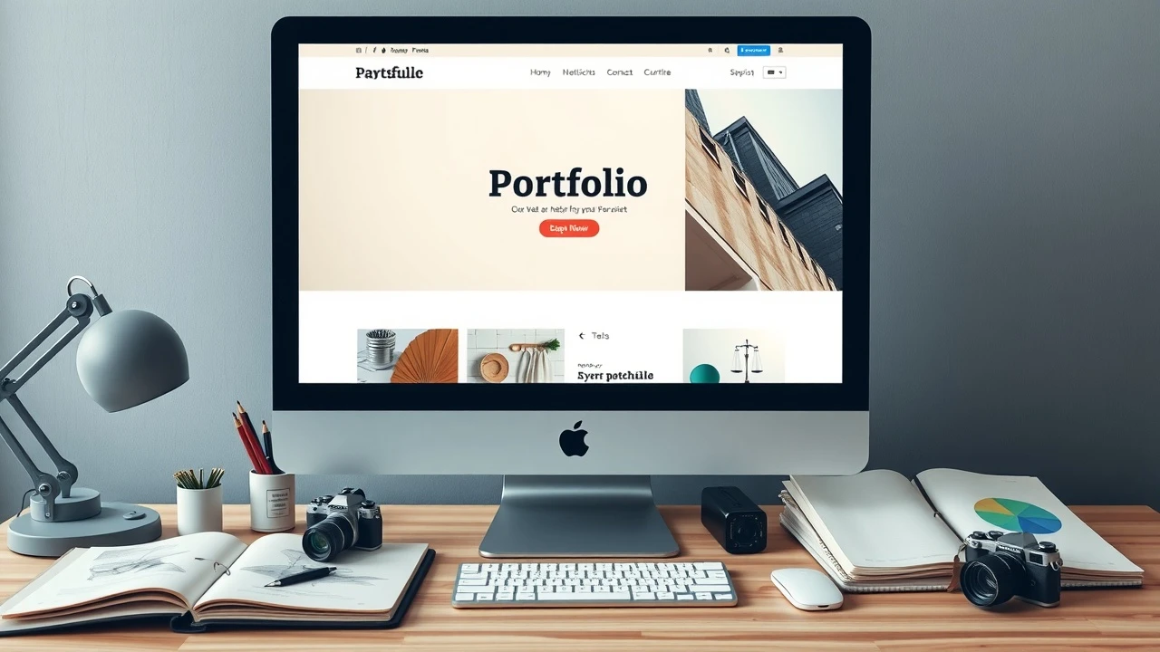 bureau avec un écran montrant un portfolio créatif