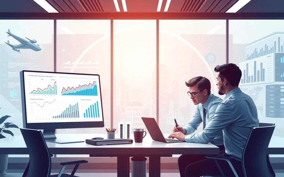 Illustration d'un bureau futuriste montrant l'analyse prédictive pour choisir un hébergeur VPS.