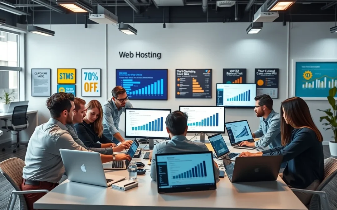 Une image illustrant un environnement de bureau moderne dans une société d'hébergement web, montrant une équipe collaborant sur la qualité du service client.
