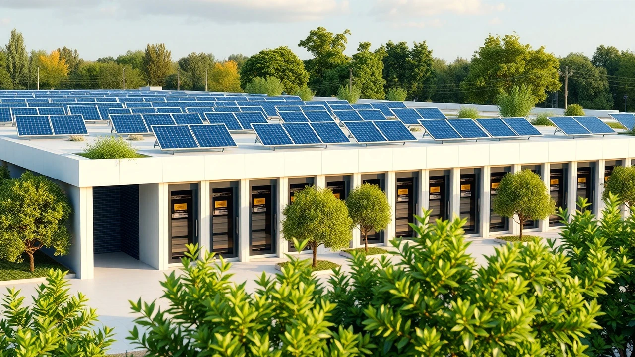 centre de données moderne avec panneaux solaires et verdure