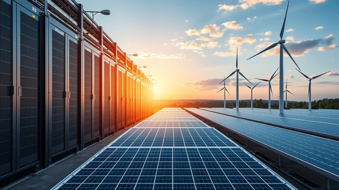 centre de données avec panneaux solaires et éoliennes