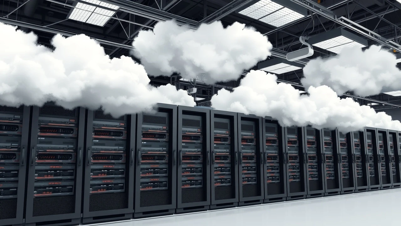 Vue réaliste d'un centre de données avec serveurs cloud