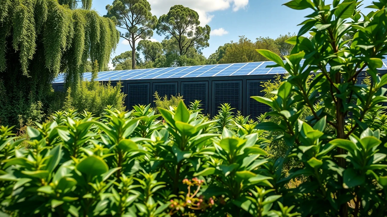 centre de donnees solaire avec verdure environnante