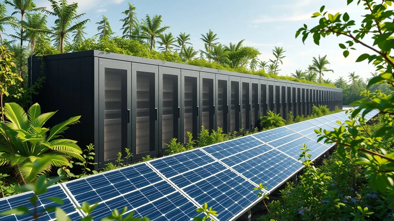 centre de données avec panneaux solaires et verdure