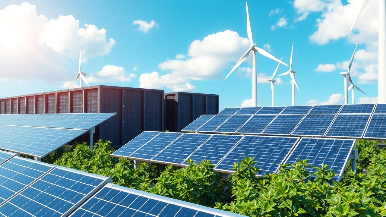 centre de données vert avec panneaux solaires et éoliennes