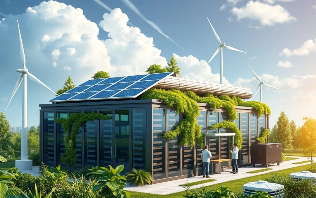 Une illustration photoréaliste d'un centre de données moderne écoresponsable.