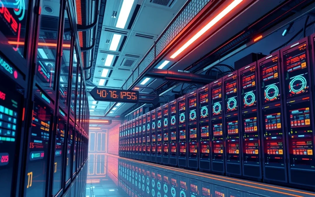 Illustration d'un centre de données futuriste pour l'hébergement Node.js