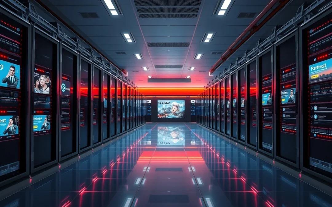 Illustration d'un centre de données moderne pour l'hébergement web, illustrant la technologie avancée pour les portfolios créatifs en 2025.