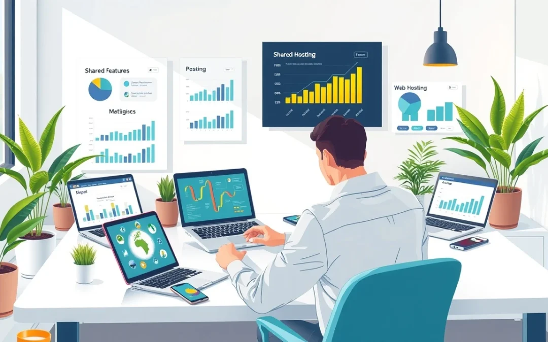 Une personne choisissant un hébergeur mutualisé avec des outils de marketing digital sur un bureau moderne.
