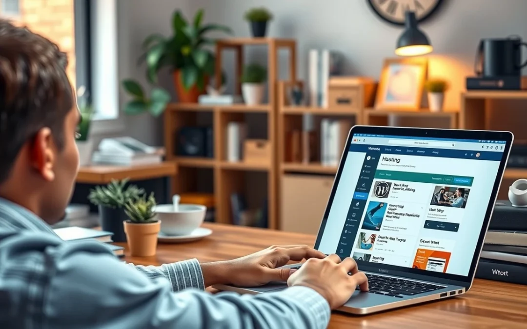 Une personne cherche des options d'hébergement WordPress sur un ordinateur portable dans un bureau moderne.
