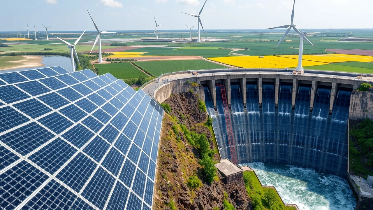 panneaux solaires et eoliennes sur un paysage vert