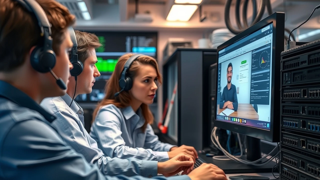 équipe de support technique aidant un client avec un ordinateur