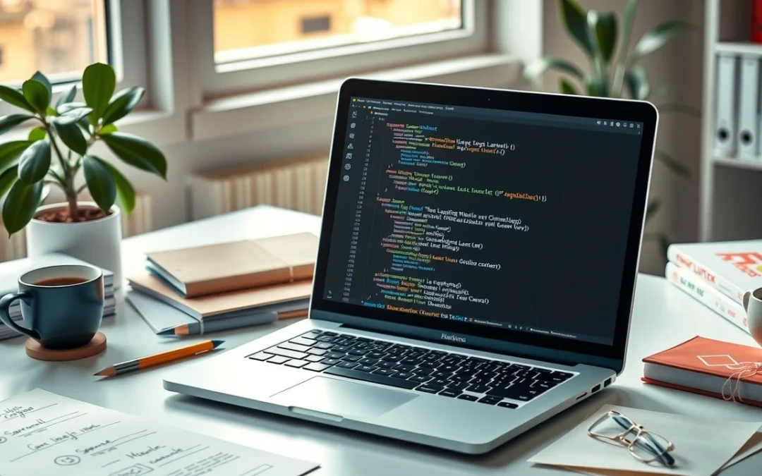 Espace de travail moderne avec un ordinateur portable et du code sur l'écran