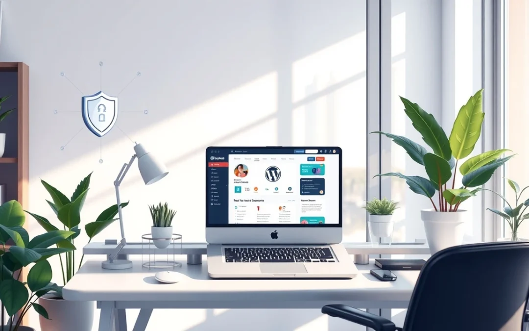 Illustration d'un espace de travail moderne et sécurisé pour un développeur de site WordPress.