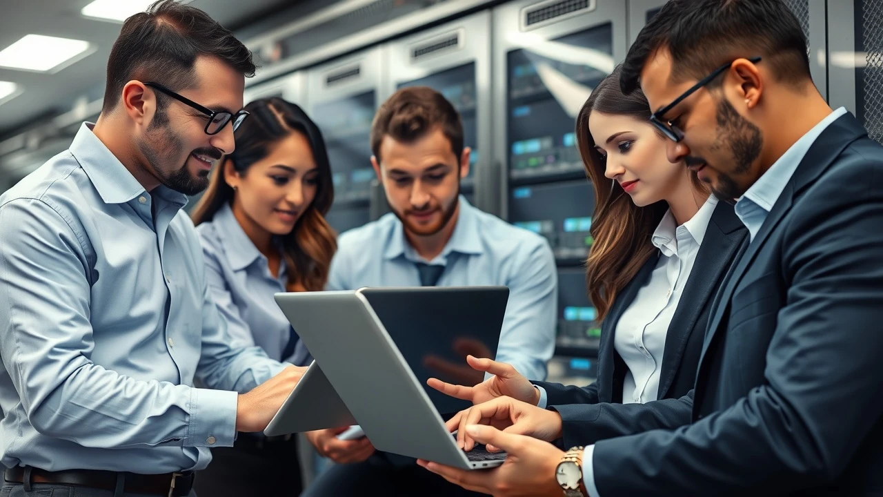 groupe d'affaires analysant des données dans un centre serveur