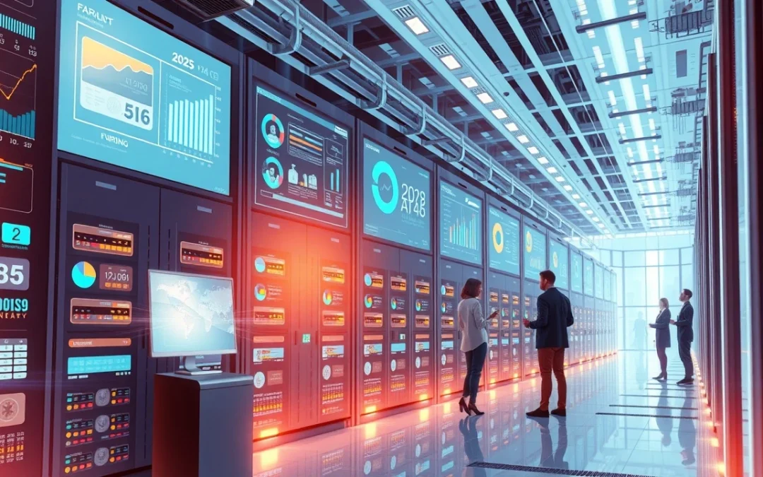 Illustration d'un environnement d'hébergement e-commerce futuriste en 2025.