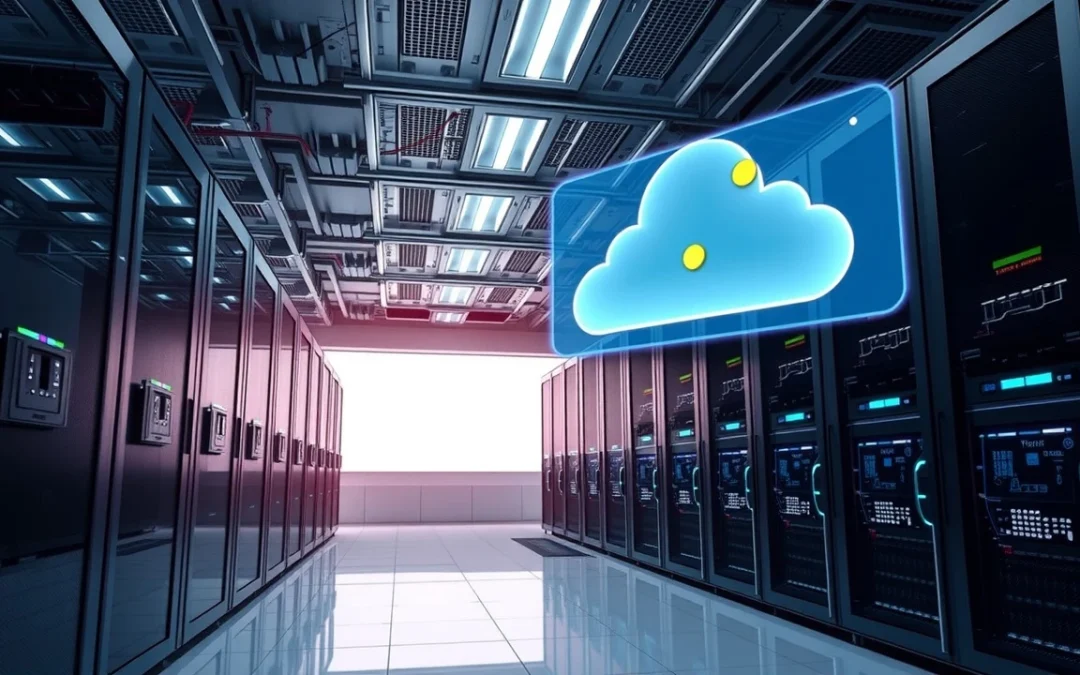 Une salle de serveur futuriste mettant en avant la technologie cloud et la scalabilité automatique pour les applications SaaS en 2025.