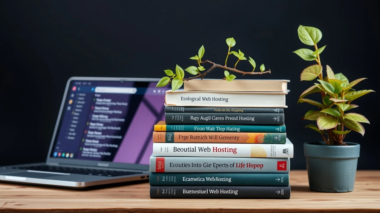 livres sur l'hébergement web écologique et un ordinateur