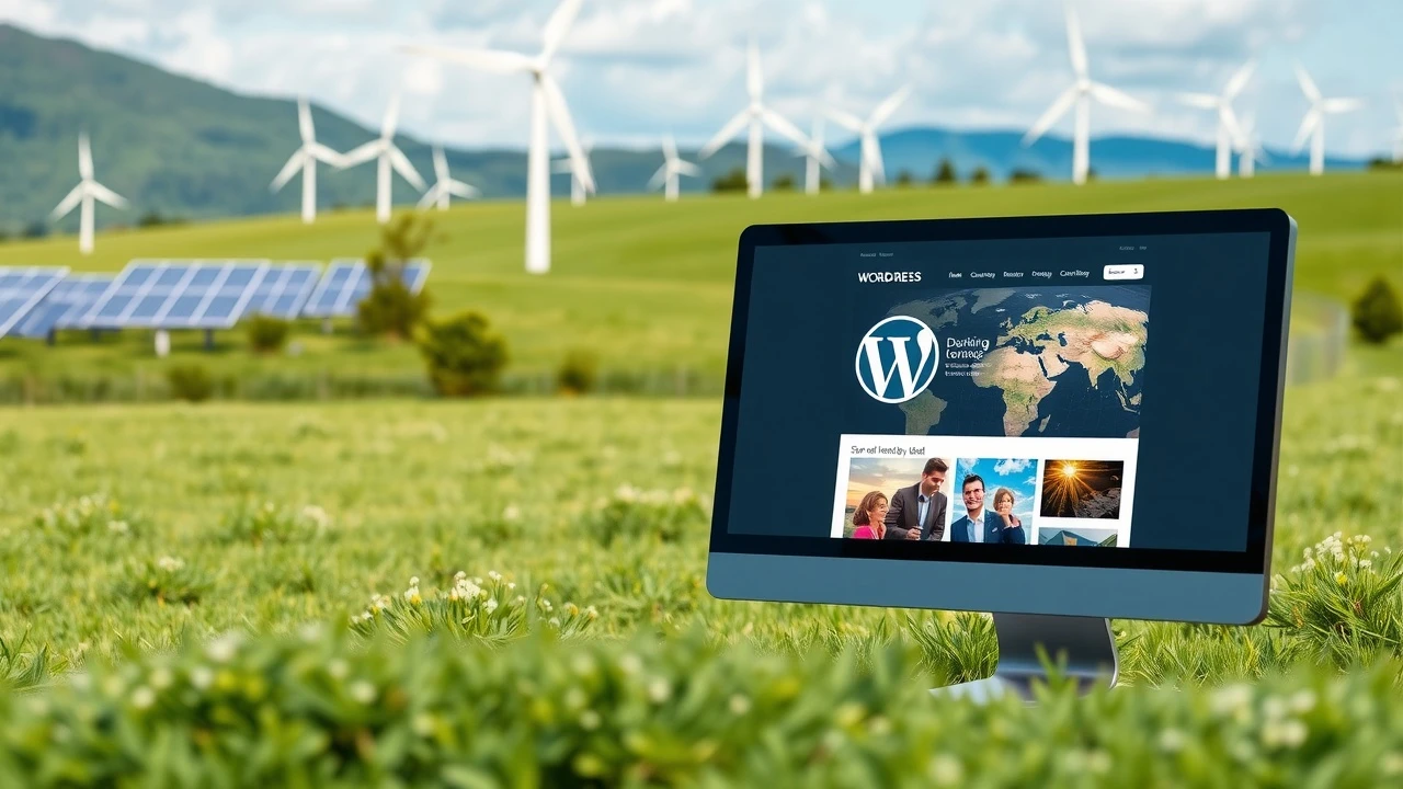 paysage écologique avec panneaux solaires et site WordPress