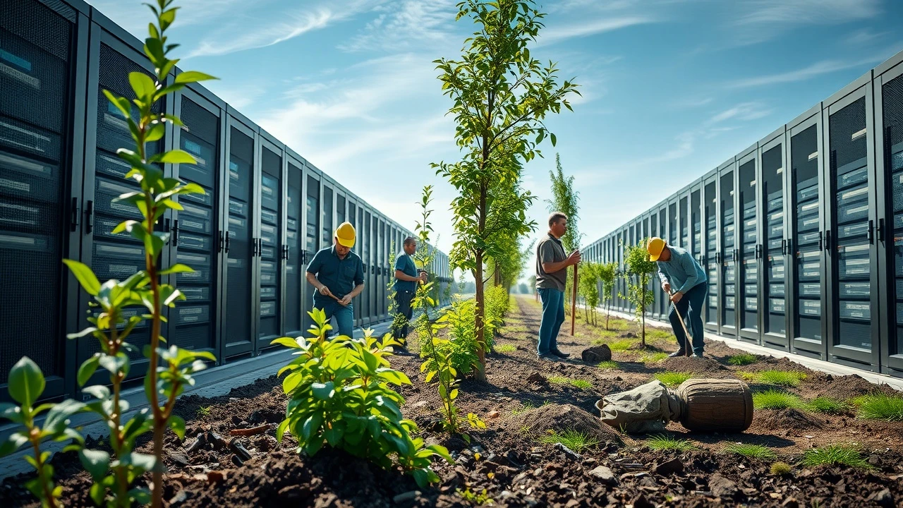 groupe de personnes plantant des arbres près d'une ferme de serveurs