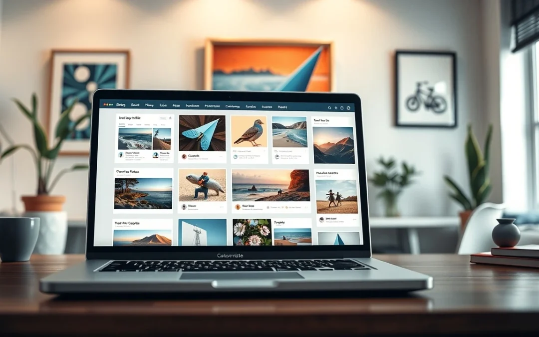 Image d'un portfolio en ligne moderne sur un ordinateur portable dans un espace de travail créatif.