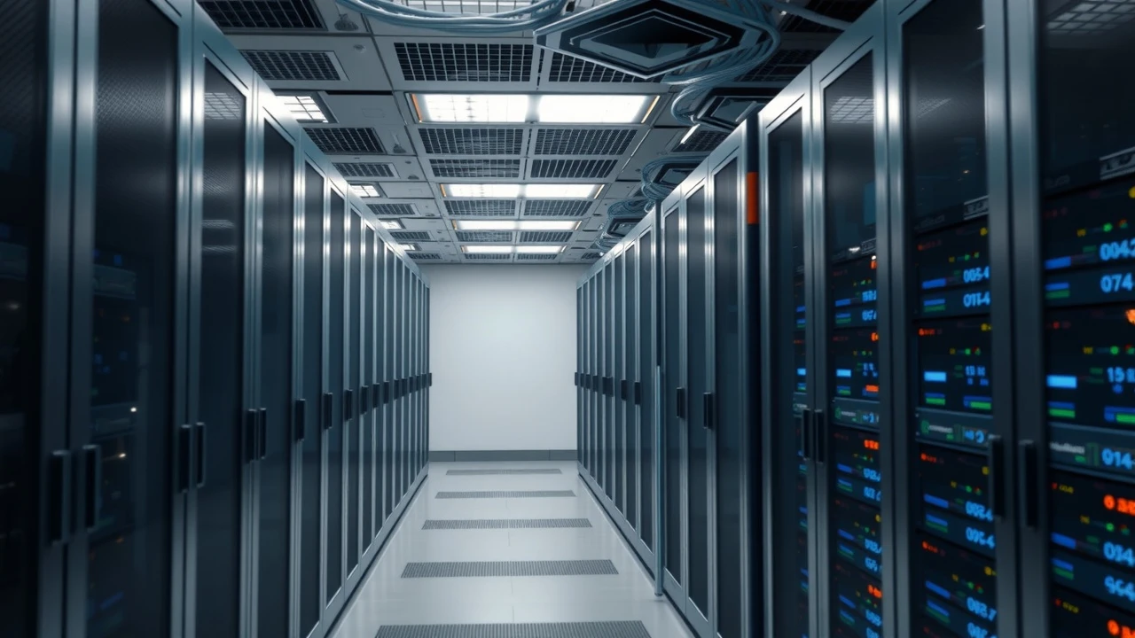 salle de serveurs avec plusieurs serveurs et racks