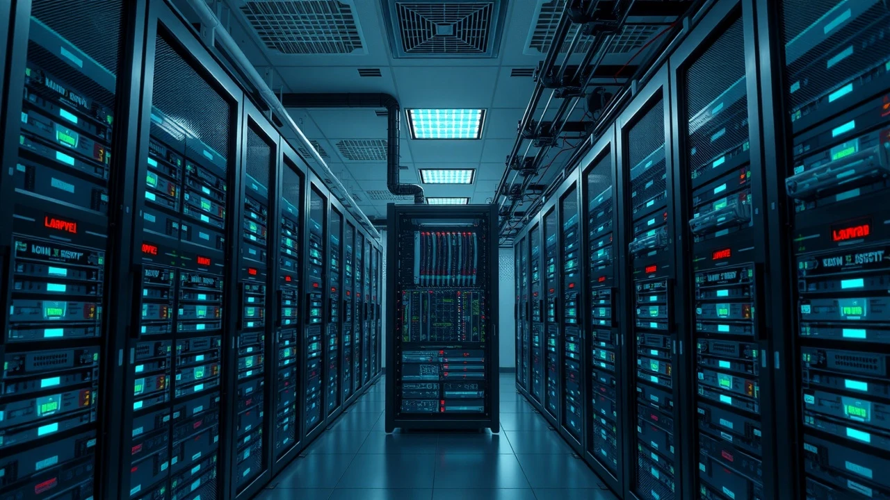 salle de serveurs avec plusieurs racks de serveurs