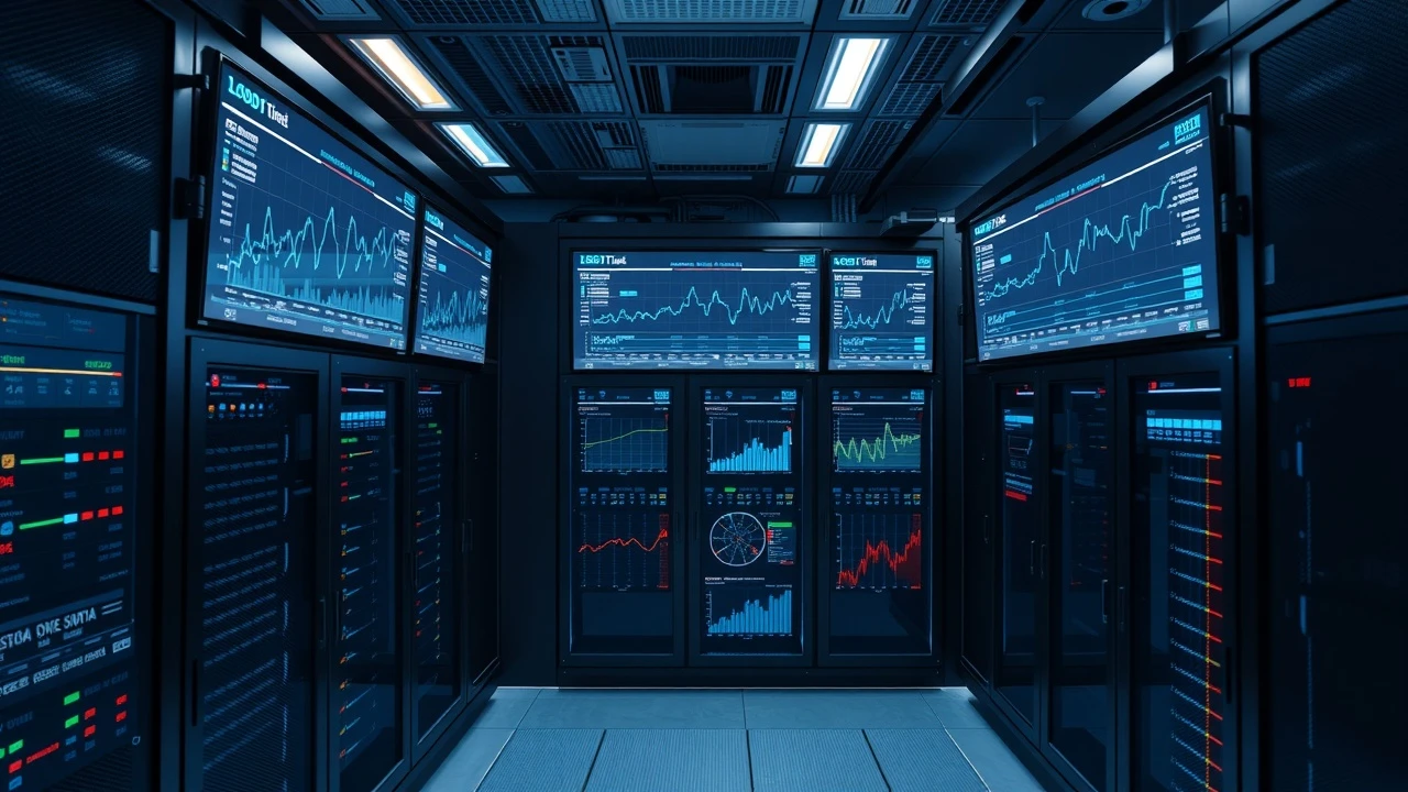 salle de serveurs avec écrans de surveillance