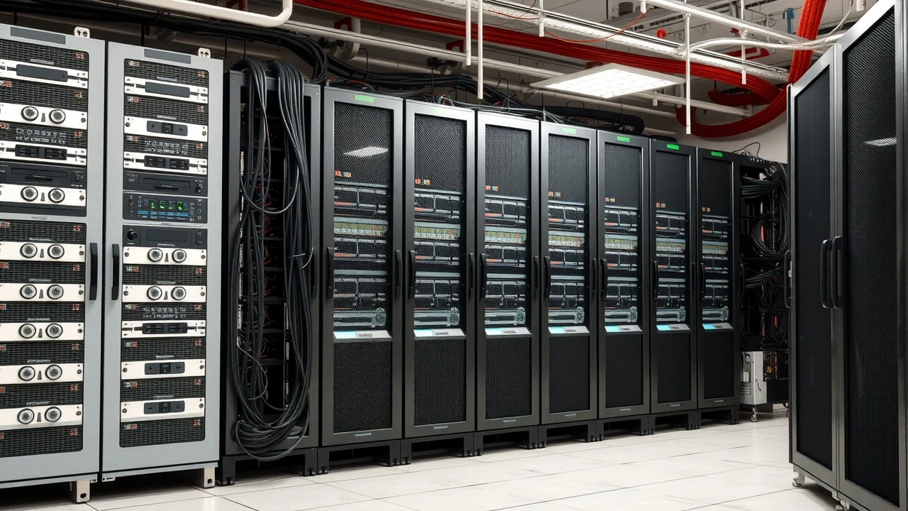 salle de serveurs avec équipements informatiques multiples