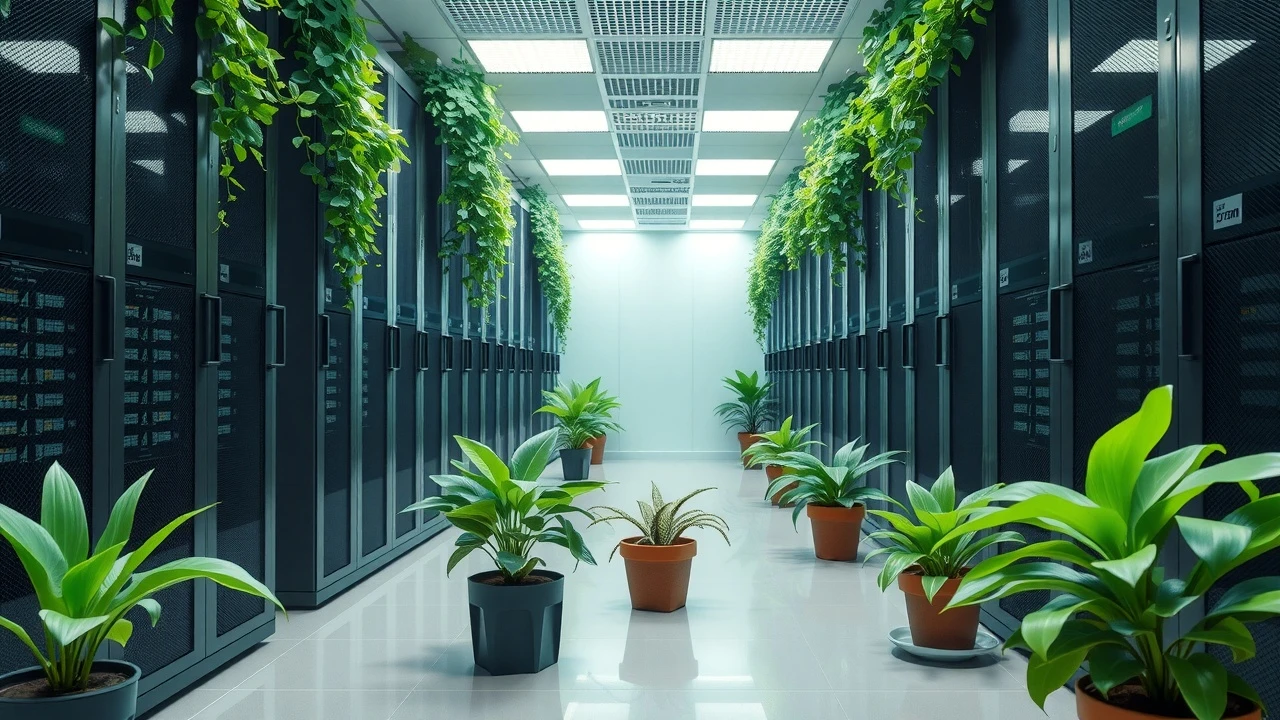 salle serveur verte avec des plantes et des serveurs efficaces