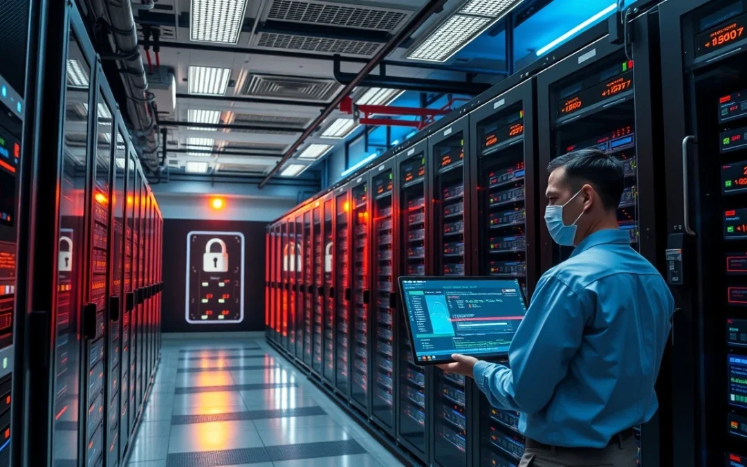 Une salle de serveurs moderne illustrant des systèmes de sécurité avancés pour la détection des intrusions.