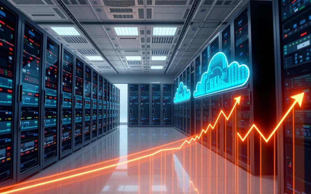 Scenede futuriste d'un centre de données illustrant la scalabilite des hebergements cloud en 2025.