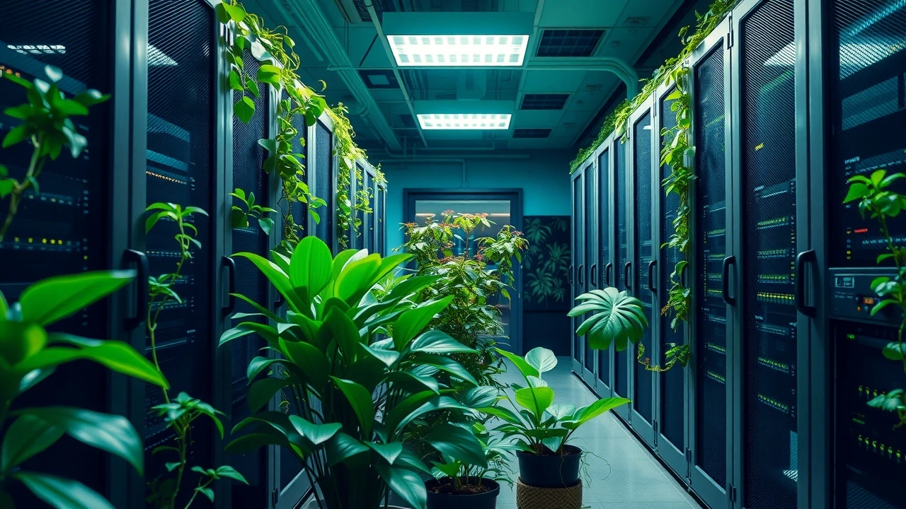 serveurs ecologiques dans une salle verte avec des plantes