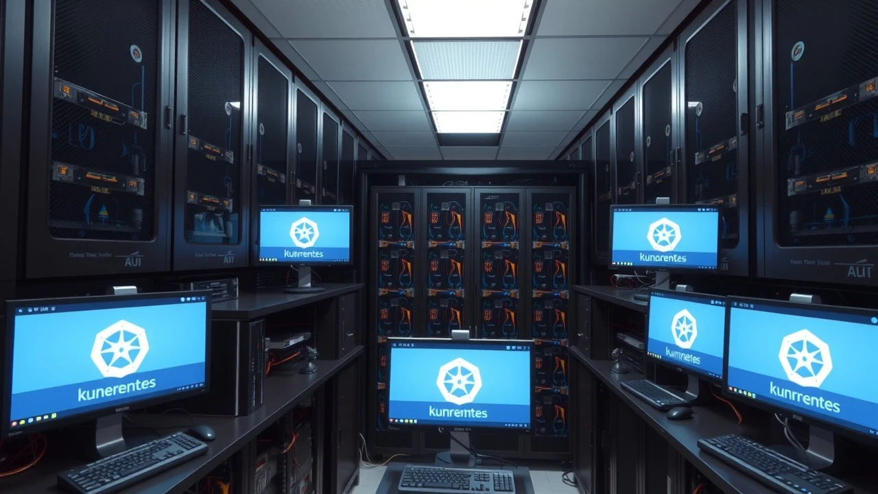 serveurs avec conteneurs Kubernetes dans une salle informatique