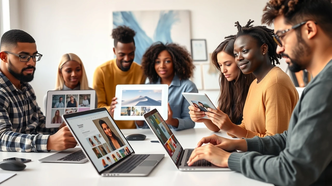 groupe d'artistes avec leurs portfolios en ligne