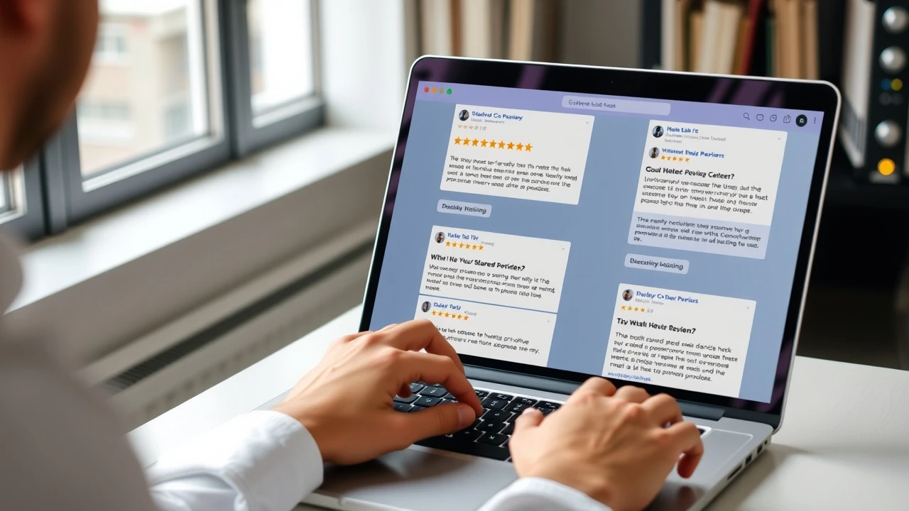 person consultant des avis clients sur un ordinateur portable