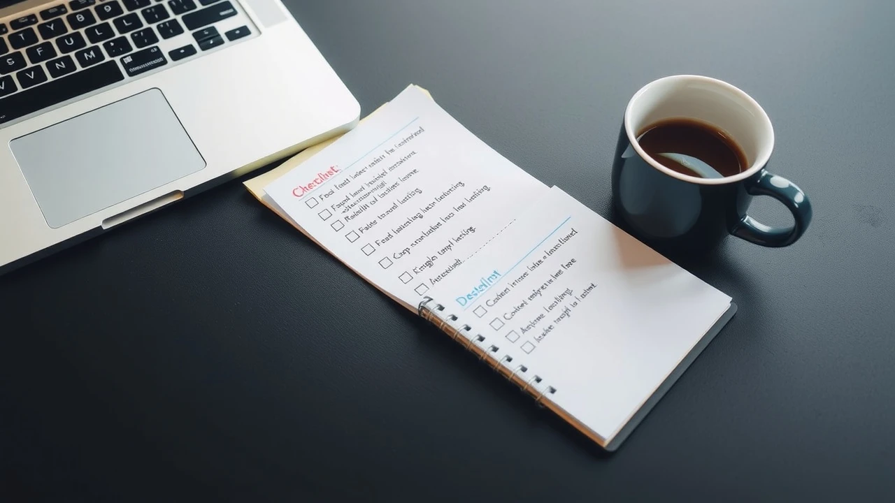 bureau avec un ordinateur portable et une liste de critères