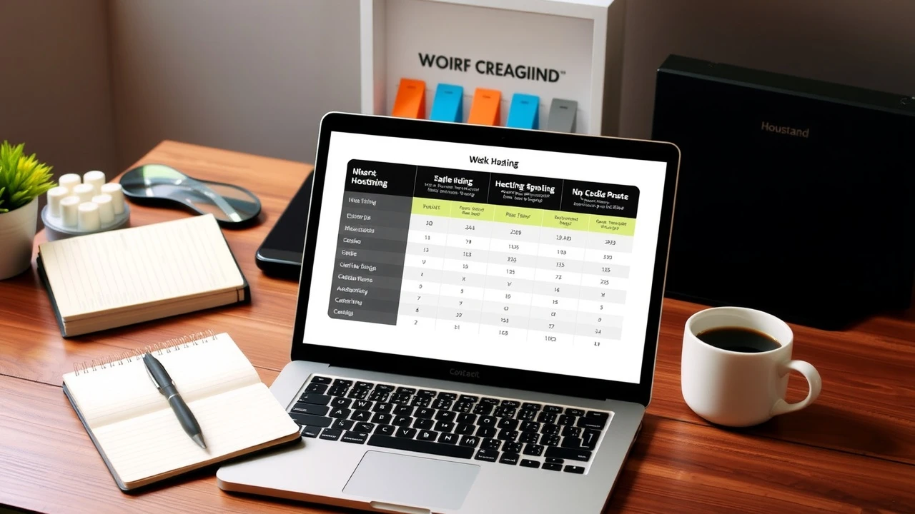 bureau avec ordinateur portable et tableau comparatif dhebergeurs