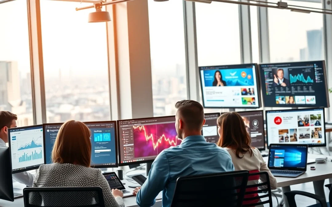 Une équipe de développement web travailler ensemble dans un bureau moderne, illustrant l'importance d'un hébergement web performant.