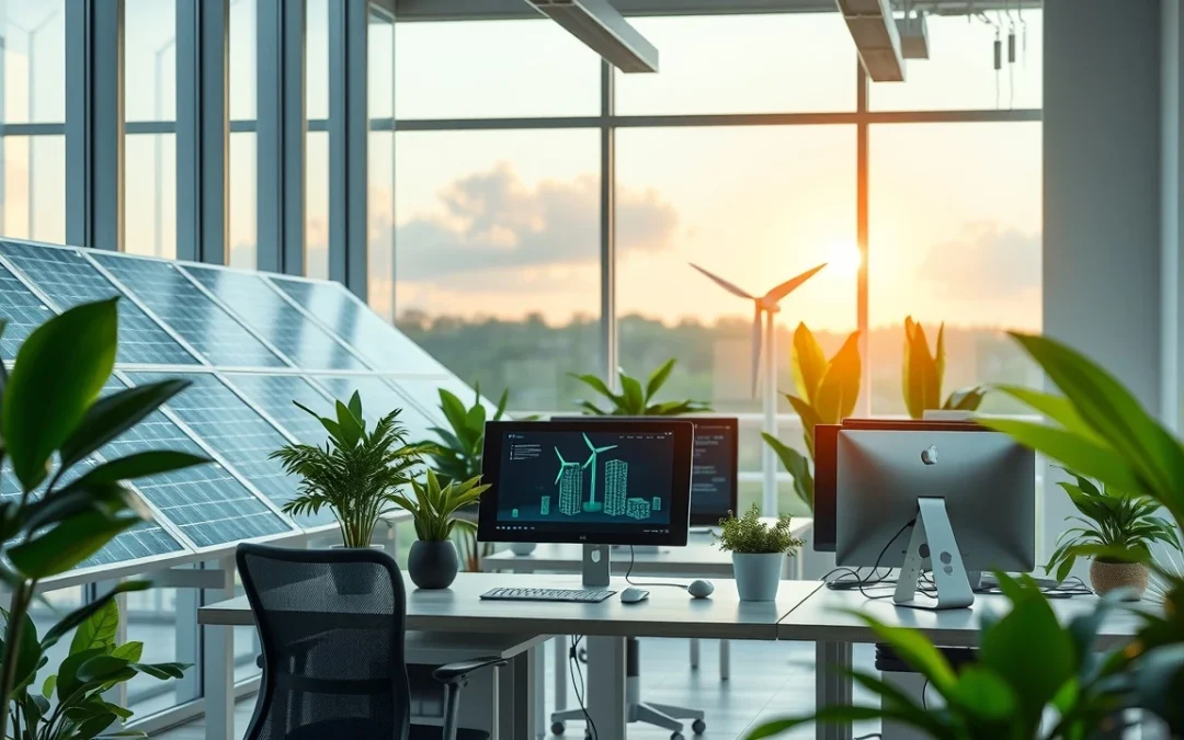 Un bureau moderne d'hébergement web écologique avec des panneaux solaires, des plantes d'intérieur et des ordinateurs efficaces.
