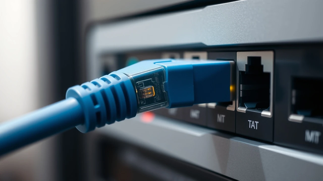 cable reseau connecte a un routeur avec lumiere