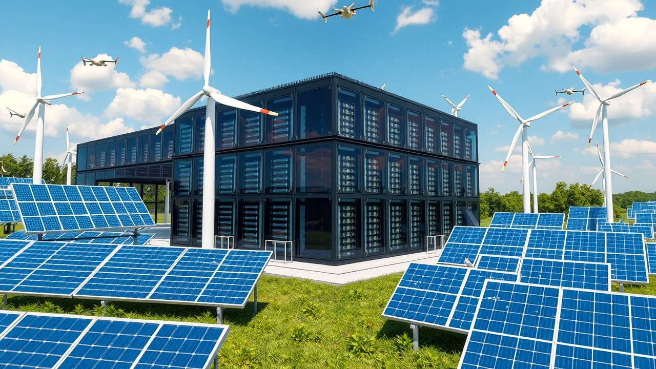 centre de donnees ecologique avec panneaux solaires et eoliennes