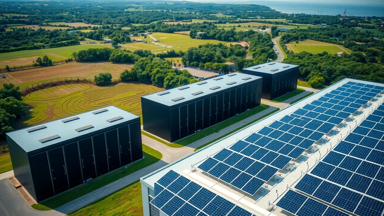 data center avec panneaux solaires et paysage vert