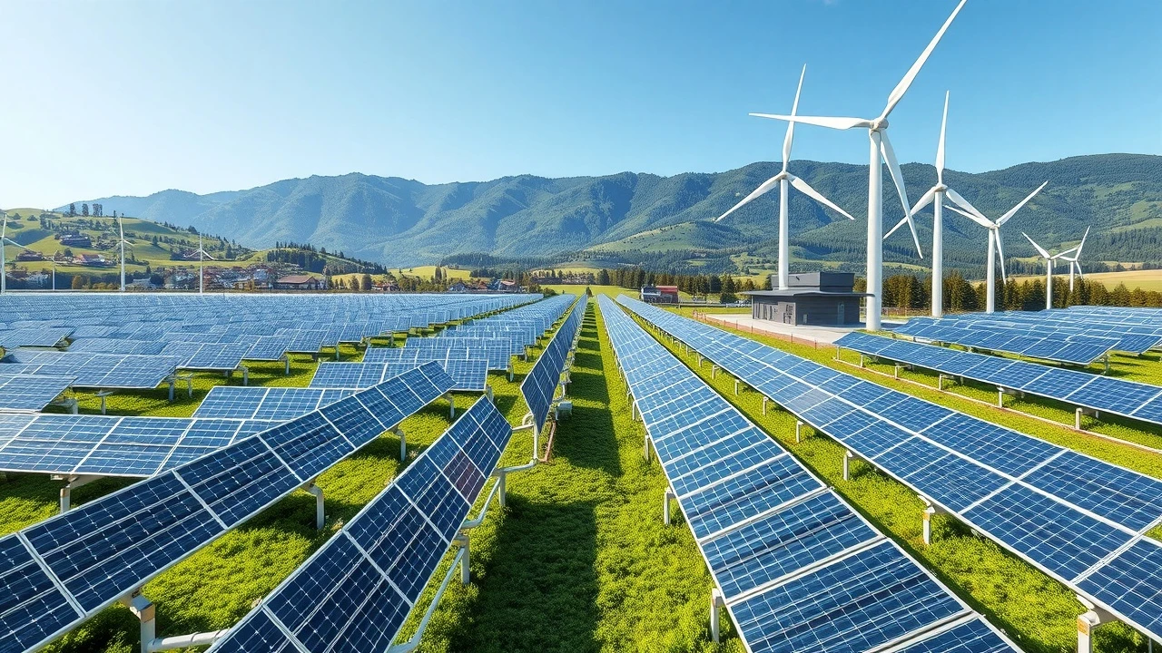 centre de données vert avec panneaux solaires et éoliennes