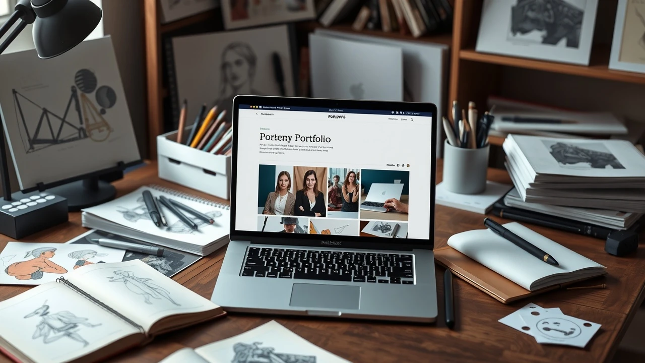 configuration d'un portfolio avec ordinateur et matériel artistique