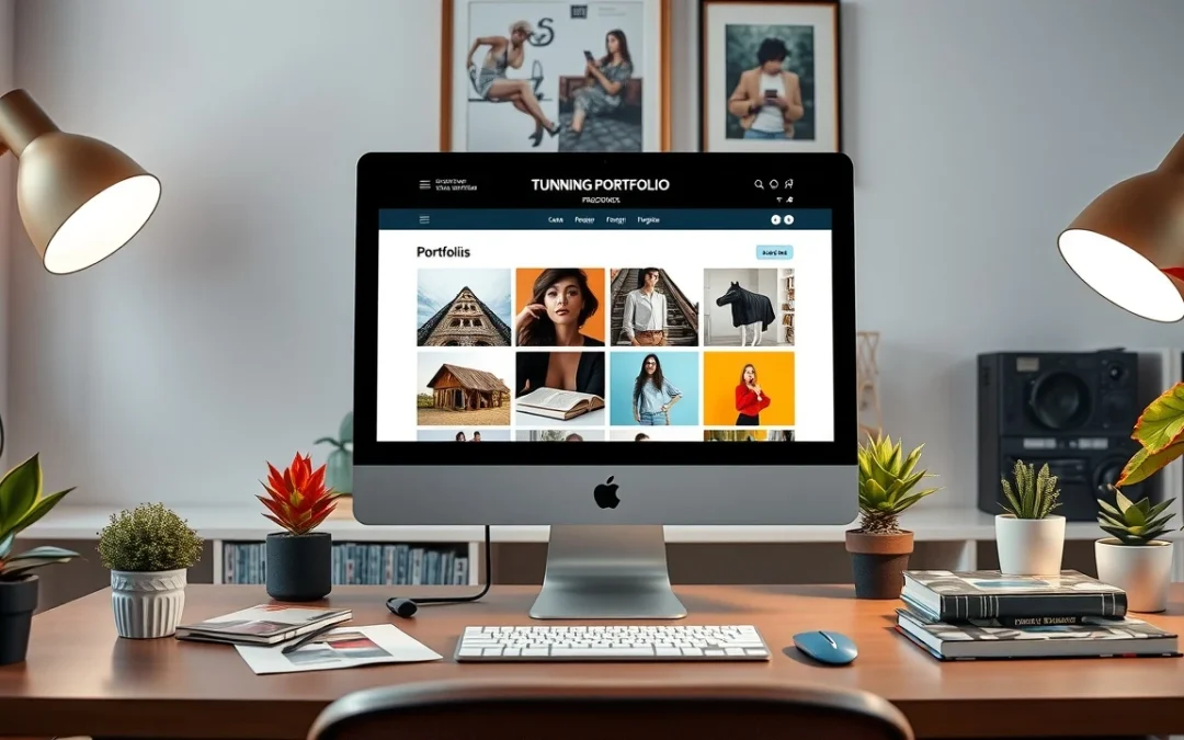 Espace de travail moderne avec un ordinateur affichant un portfolio en ligne, mettant en avant la personnalisation et la réactivité.
