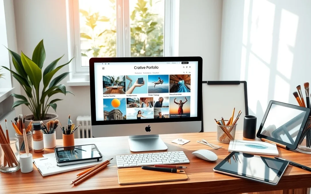Un espace de travail moderne illustrant des fonctionnalités de portfolio créatif en ligne.
