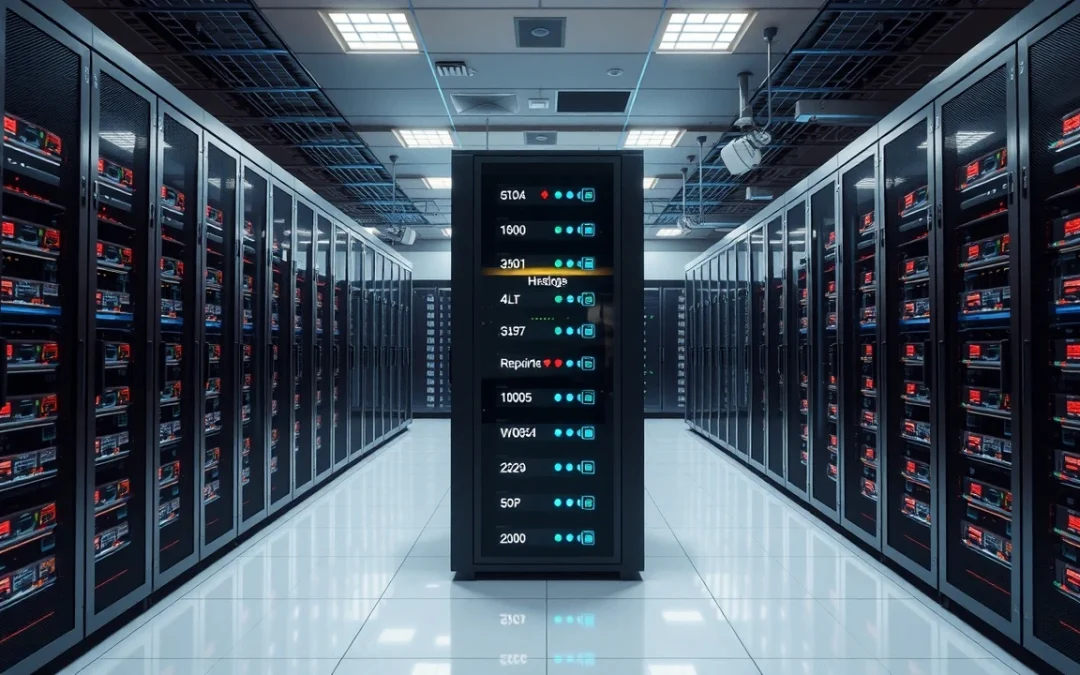 Illustration d'un centre de données moderne avec des serveurs LiteSpeed pour l'hébergement WordPress performant.