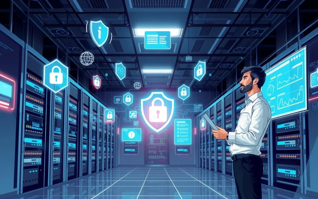 Une illustration photorealiste d'une salle des serveurs moderne illustrant la cybersécurité pour l'hébergement web.