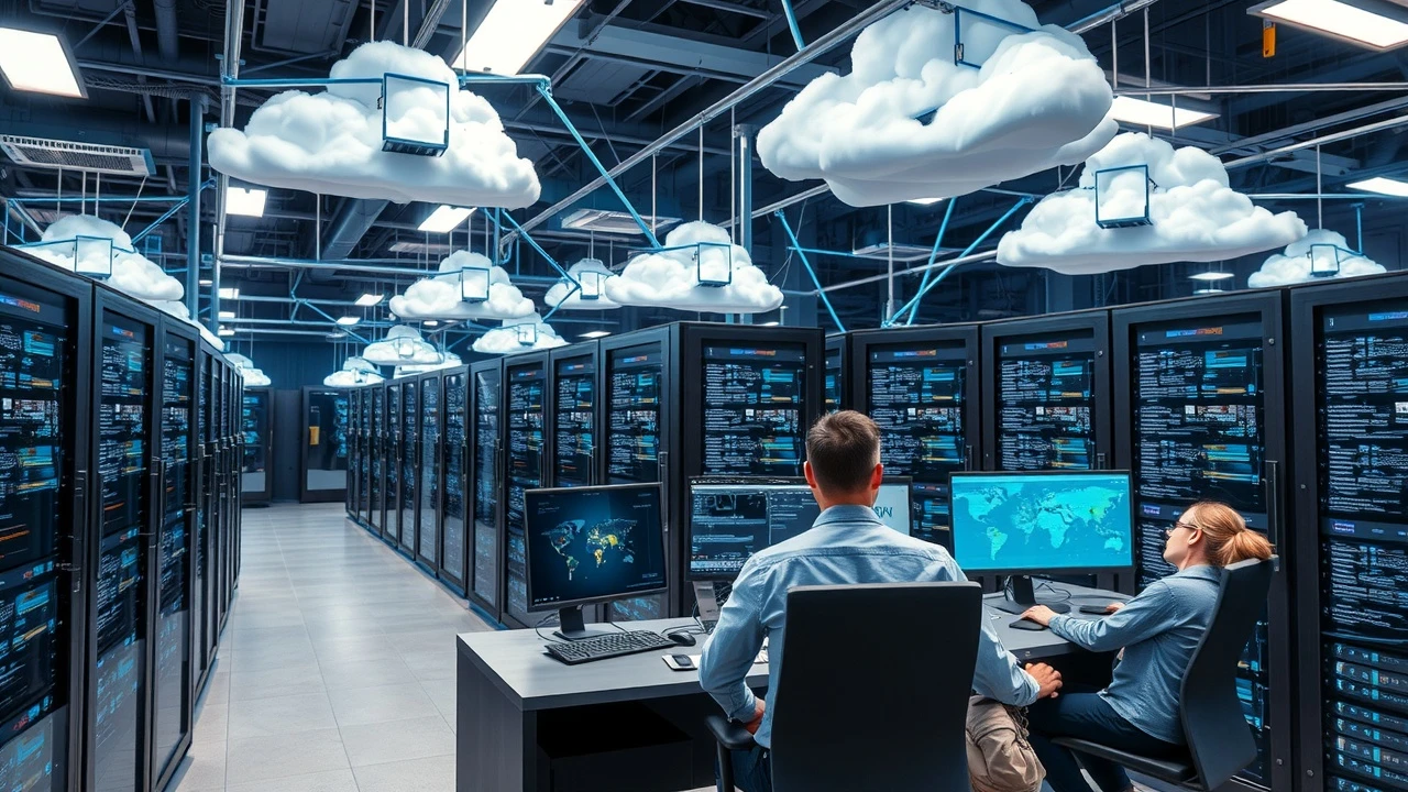 serveurs cloud modernes avec des professionnels au travail